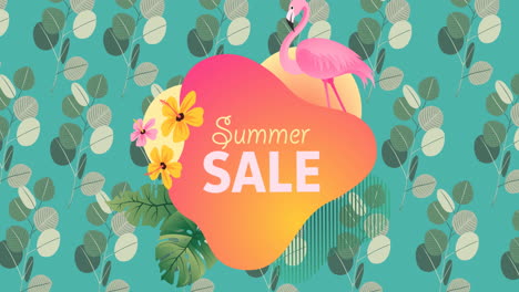 summer sale over orange banner and flamingo against leaves on green background