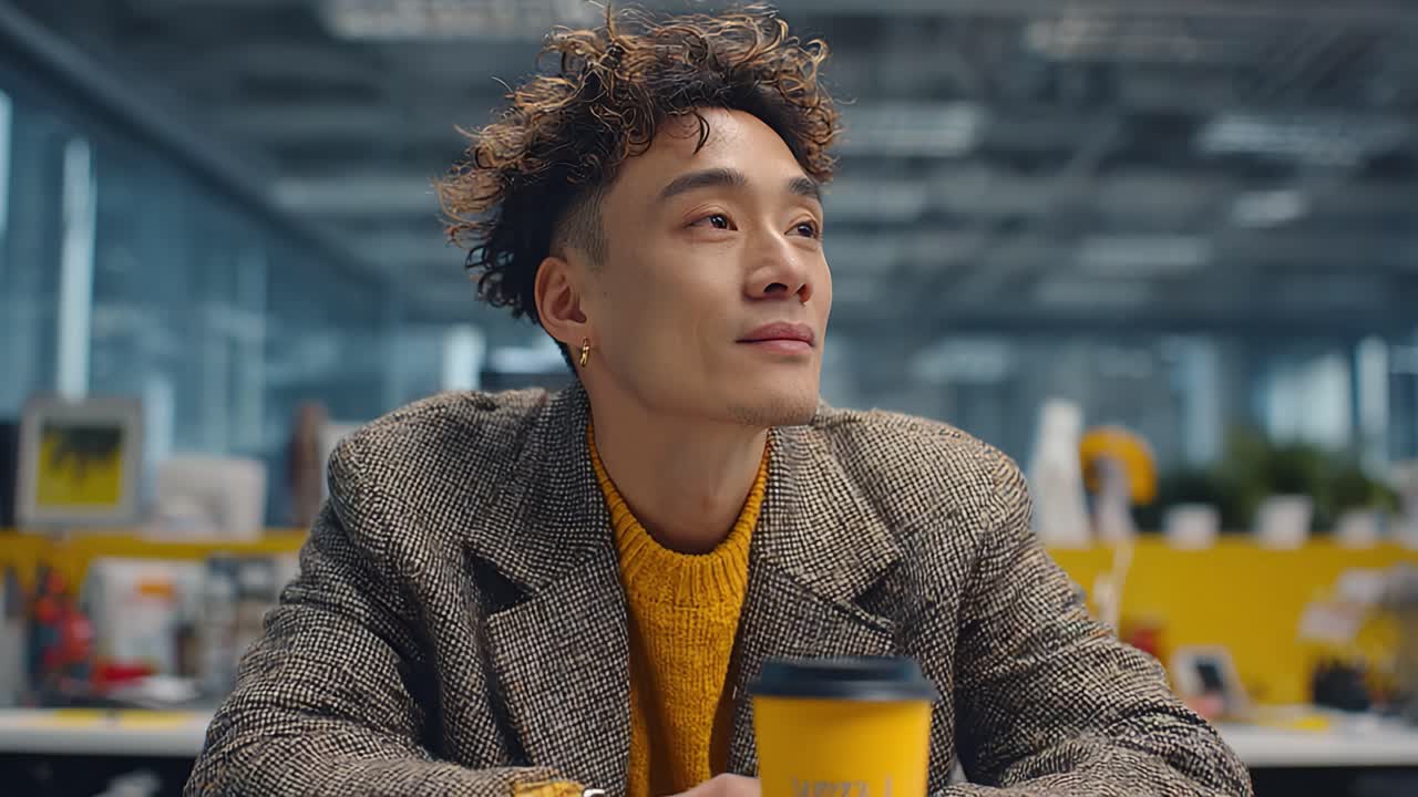 Contemplative Young Man Dressed in Stylish Coat and Sweater, Sitting in Modern Office Setting, Engaged in Thoughtful Reflection with a Coffee Cup in Hand