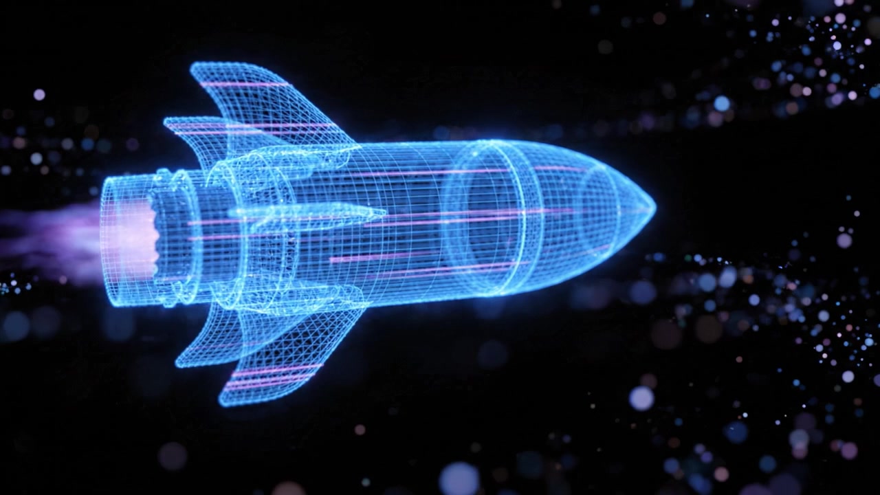 A Stunning Wireframe Rocket Model in Motion: Visualizing Advanced Spacecraft Technology with Dynamic Backdrop and Futuristic Aesthetic for Exploration Enthusiasts