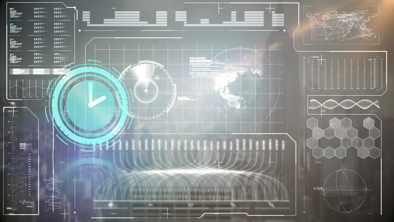 화면에 지구와 함께 빠르게 움직이는 시계와 데이터 처리의 애니메이션