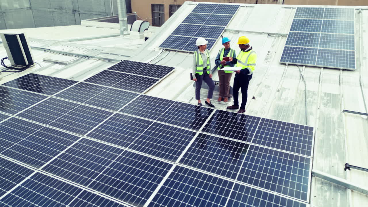 Construção, equipe ou vista de drone com painel solar