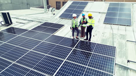 construction, team or drone view with solar panel