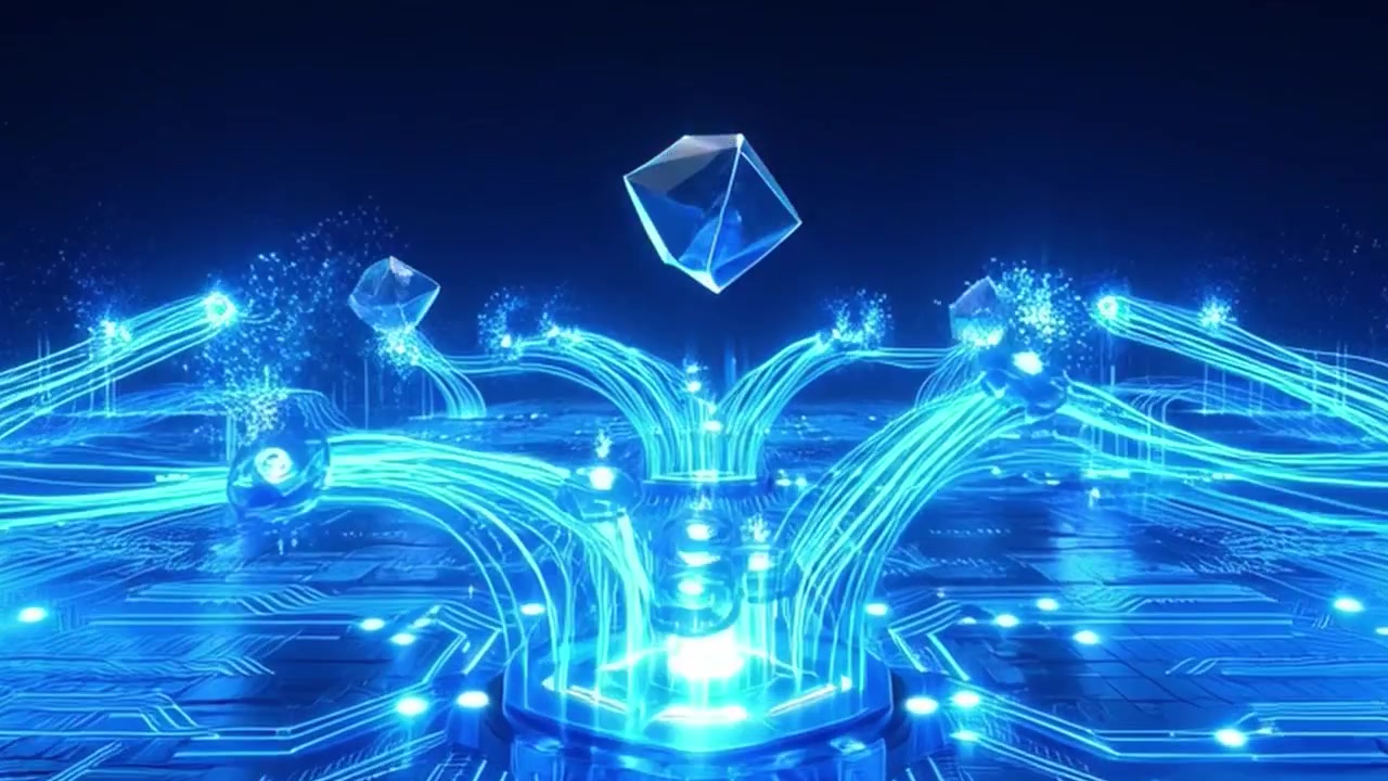 Digital Circuit Board with Glowing Data Streams and Floating Geometric Crystals