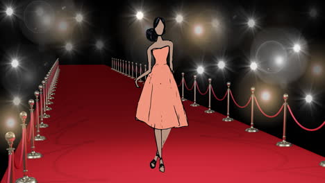 animation of drawing of model on red carpet at fashion show, on black background