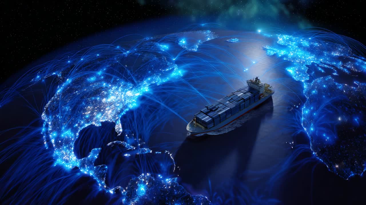 A stunning visual representation of global shipping and trade, showcasing a cargo ship navigating through a digitally illuminated Earth, highlighting the interconnected networks of trade routes across continents