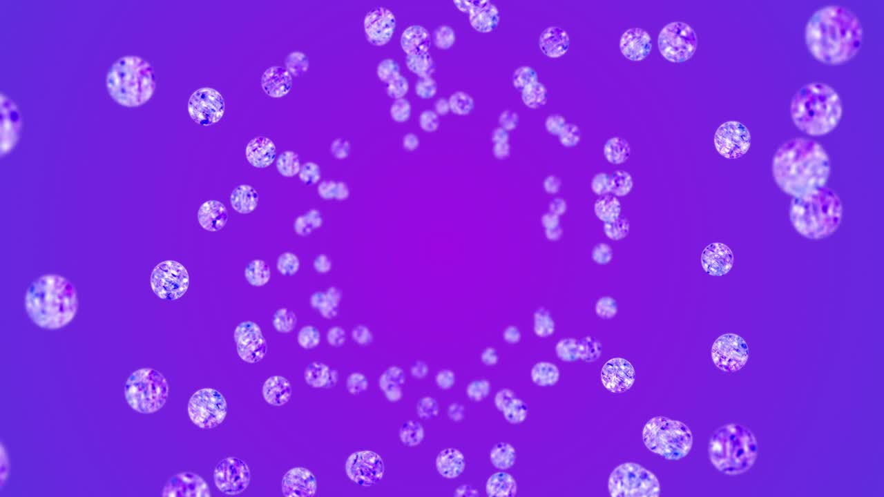 보라색 배경에 많은 은 크리스탈 구를 날아. 투명, 다채로운 유리. 반이는 공 회전의 3d 애니메이션. 루프 애니메이션.