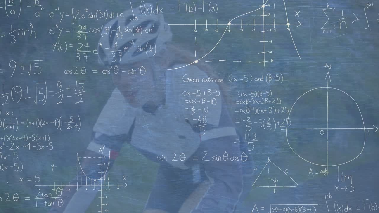 Animation of mathematical equations over caucasian woman riding bike