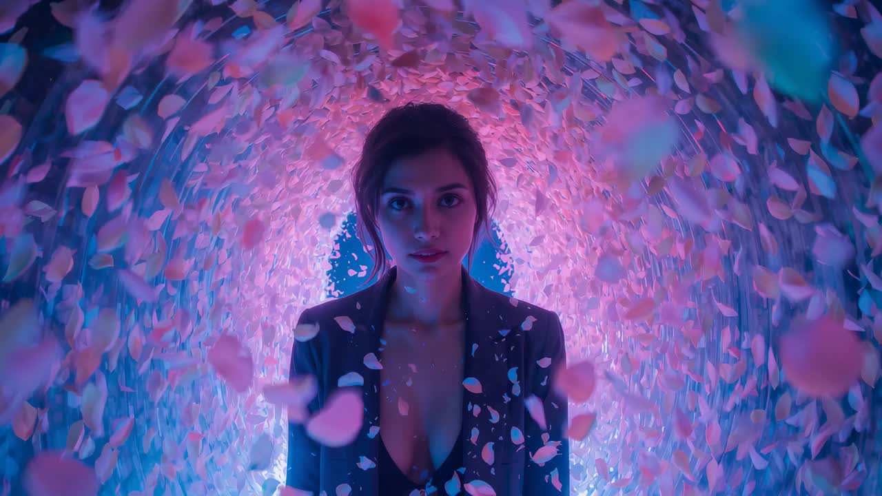 Tunnel che rilascia petali, donna in piedi che sostiene lo sguardo in un tunnel artistico, petali che sfiorano una collana sul blazer