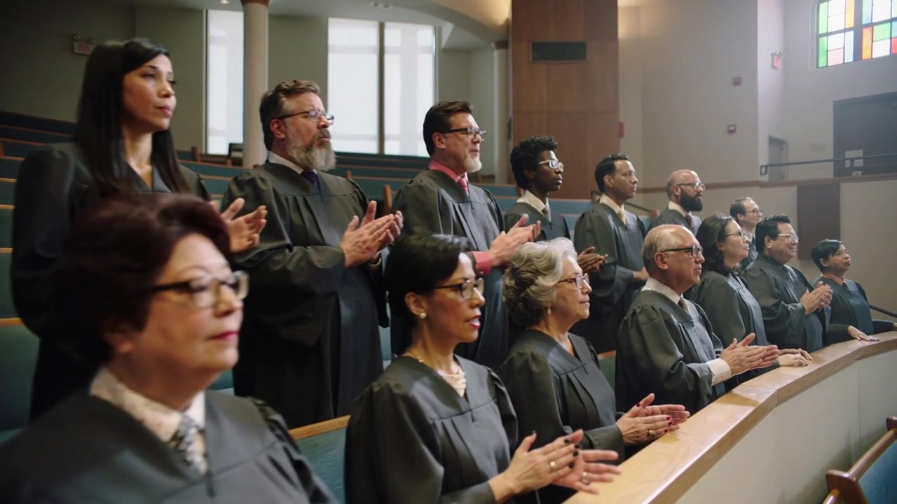 Membri del coro che applaudono in piedi nel santuario, seguendo il segnale del direttore e cantando inni in tonache.