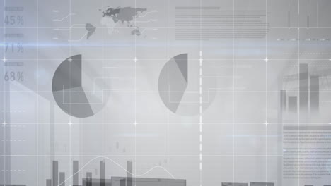 animación del procesamiento de datos estadísticos a través de la red de red contra un fondo gris