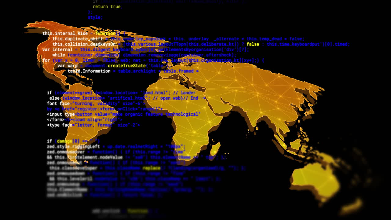 animación de código de programación sobre mapa mundial digital con conexiones de red
