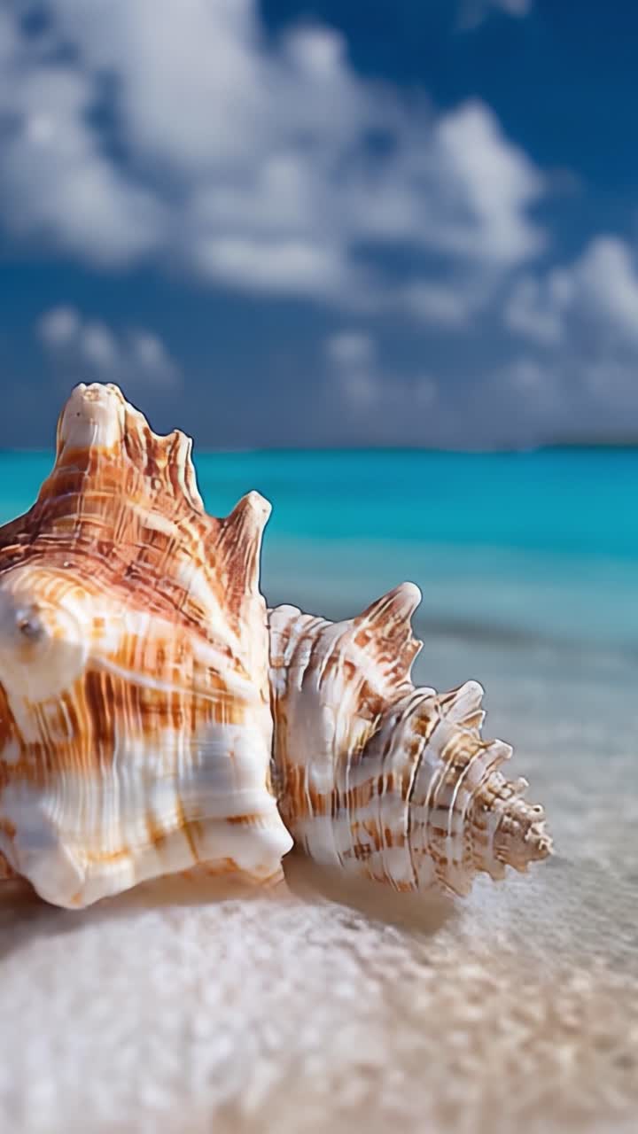 A Stunning Close-Up of a Spiral Sea Shell Resting on a Sandy Beach with Turquoise Waves Approaching, Capturing Nature's Beauty at the Shoreline