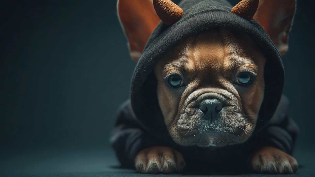 A Charming French Bulldog in a Hoodie with Impressive Horns Looking Fierce Yet Adorable in Dark Background