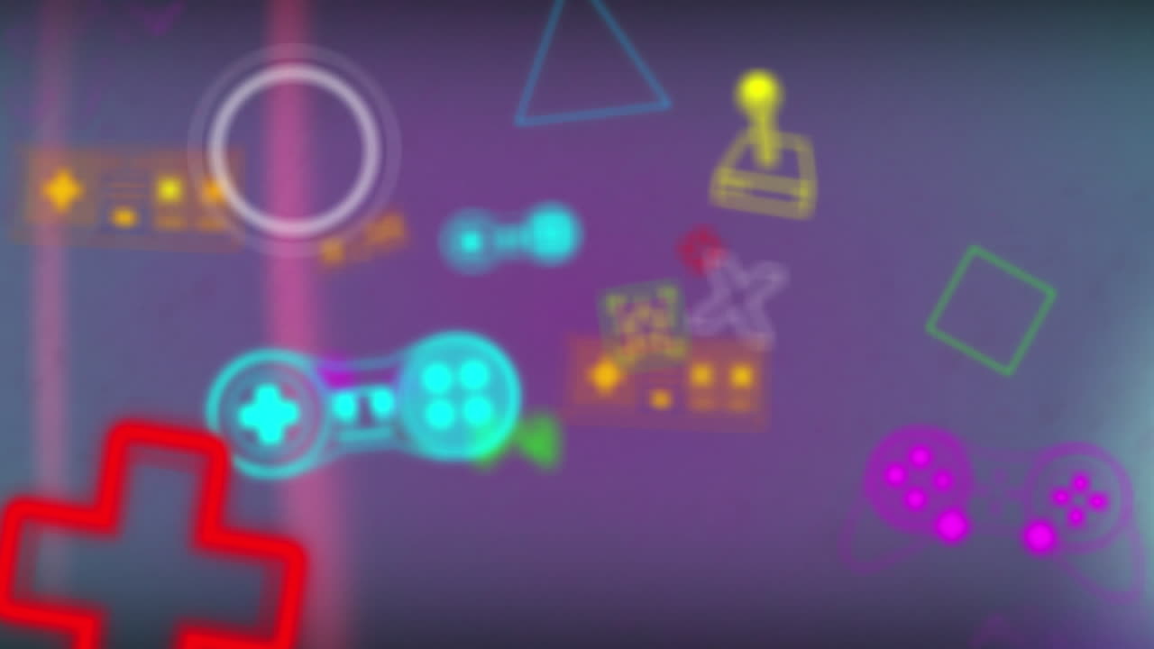 검은 바탕에 기하학적 모양을 가진 게임 콘솔과 리모컨의 애니메이션