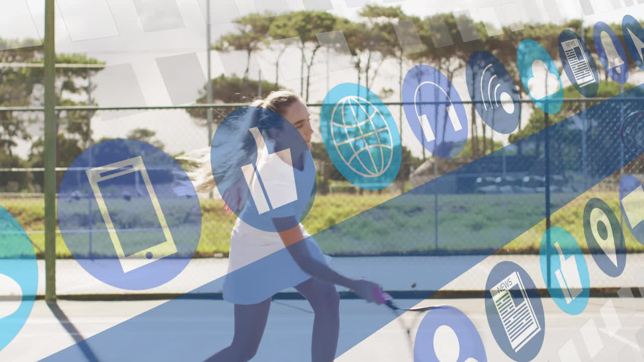 woman swinging tennis racket on court, combining sports technology with floating social media icons