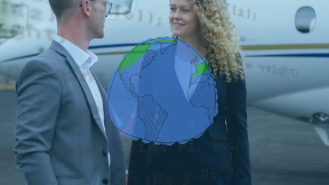 animation of globe data processing over business people on the airport