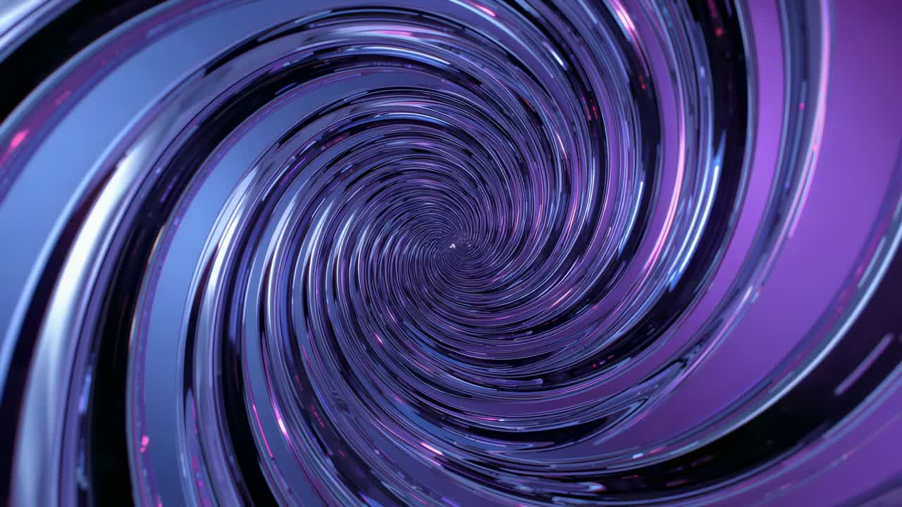 Opening metal spiral vortex rotating, pulling focus inward in CG with purple-blue specular flecks