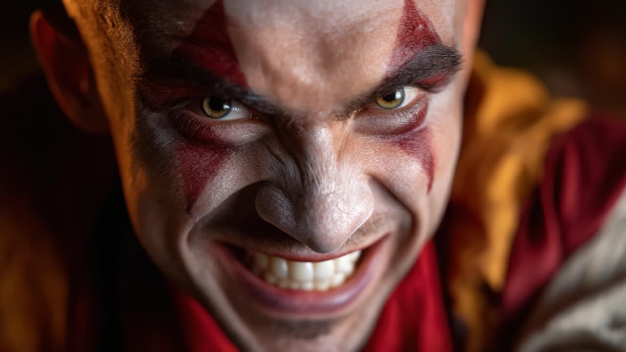 Intense Close-Up of a Male Performer with Dramatic Makeup and Expressions, Capturing the Emotion and Energy in a Theatrical Portrait