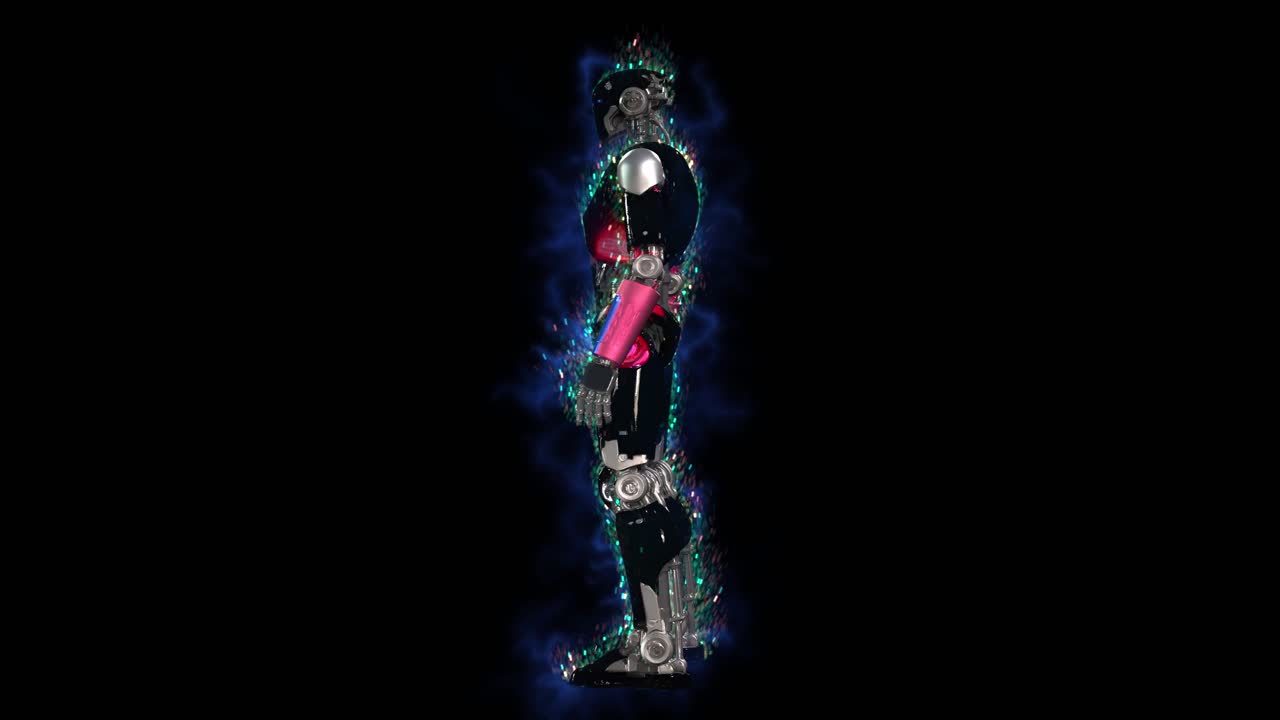 Design altamente dettagliato di robot umanoide 3D 06, con un corpo metallico elegante, giunture articolate e accenti di energia luminosi che ruotano di 360 gradi su uno sfondo scuro. Ideale per concetti di IA e di fantascienza