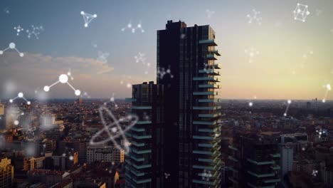 animación de conexiones que se mueven sobre el paisaje urbano moderno al atardecer