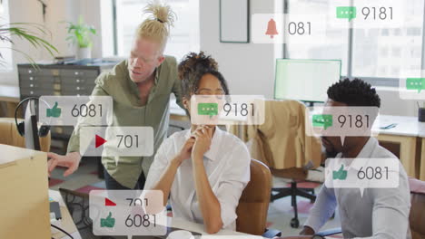 Animation-of-multiple-notification-bars-over-diverse-coworkers-discussing-reports-on-computer