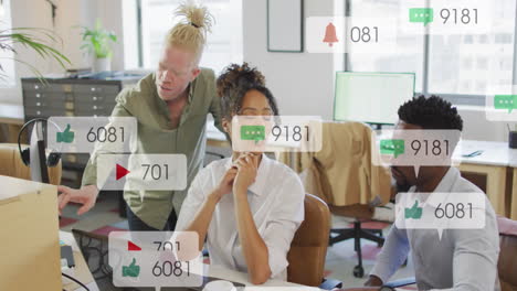 animation of multiple notification bars over diverse coworkers discussing reports on computer