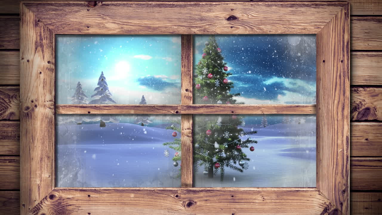 Wooden window frame against snow falling over christmas tree on winter landscape