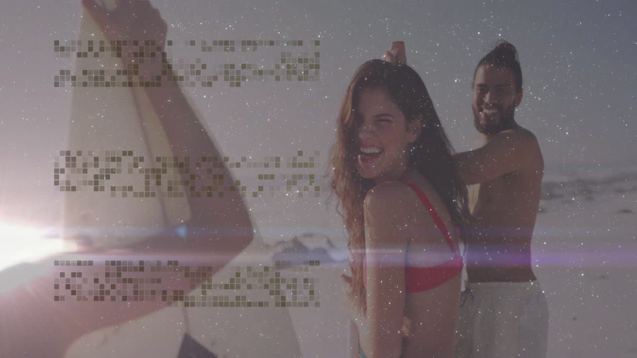 Smiling couple dancing on beach with digital text overlay animation