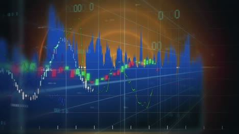 animación del ritmo cardíaco, gráficos y tablero de negociación con números crecientes sobre un patrón circular.