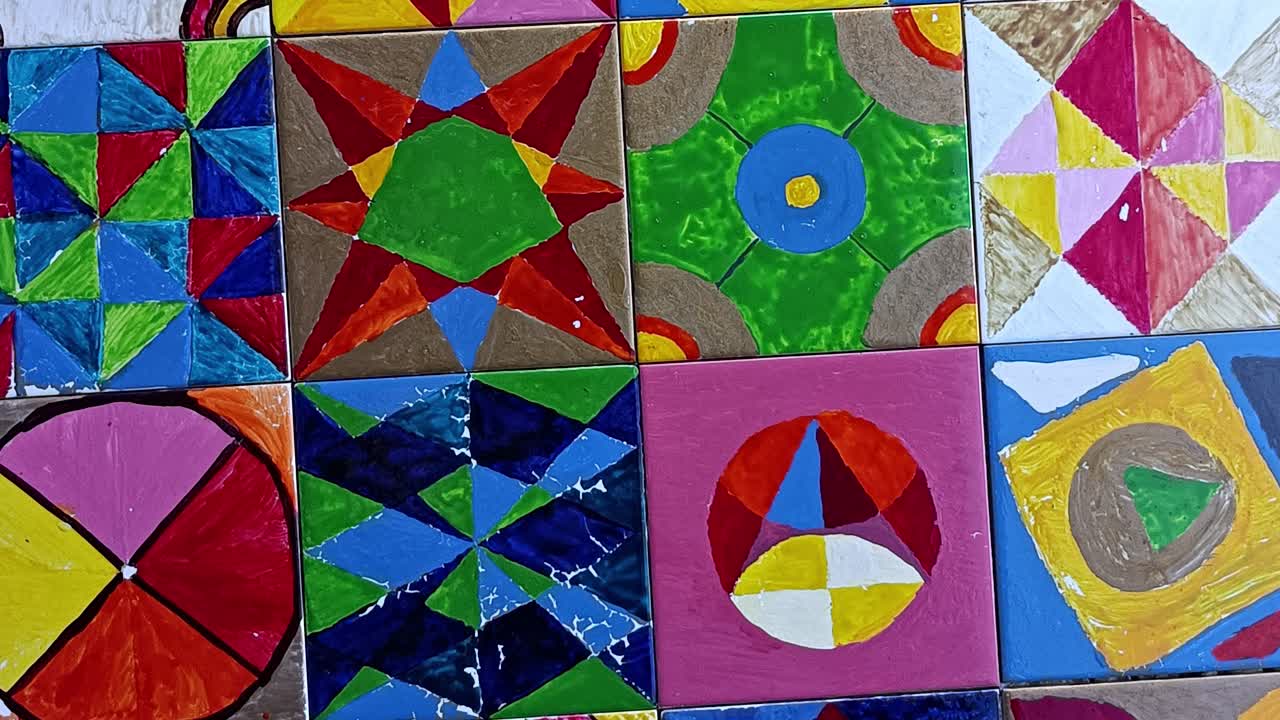 패턴 다채로운 페인트 타일. 그림 배경. 예술 개념