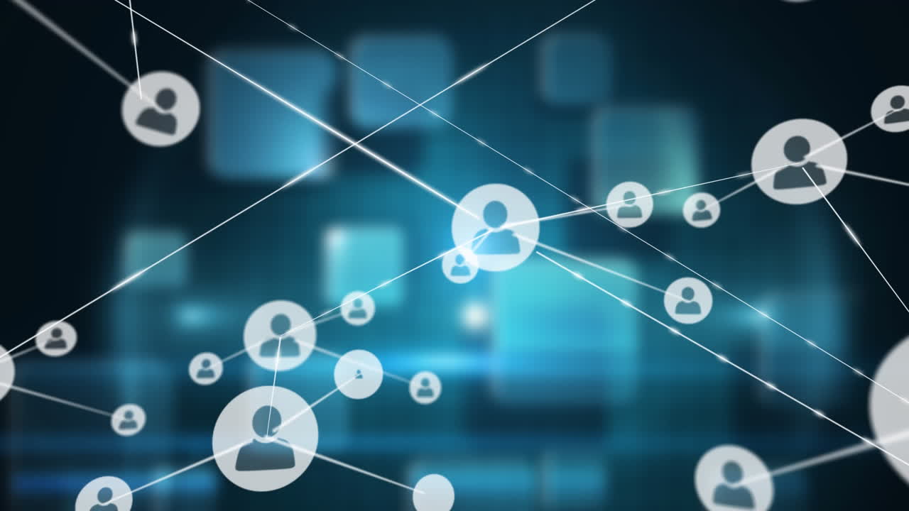 crecimiento de la red animado con iconos de personas y luces dinámicas en un fondo oscuro.