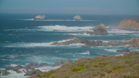 Lobos-Se-Balancean-Frente-A-La-Costa-De-California-Con-Grandes-Olas-Rompiendo-En-Una-Amplia-Toma-Panorámica