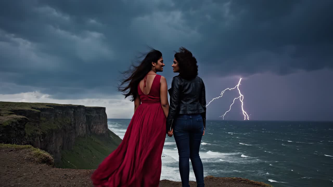 Two Women Watching a Lightning Storm