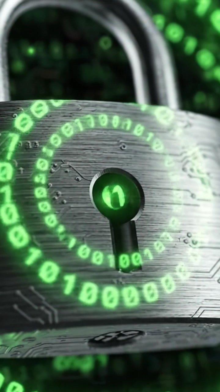 A Secure Digital Lock Featuring Circles of Binary Code: This Visual Represents Advanced Encryption and Cybersecurity Measures in a High-Tech Environment