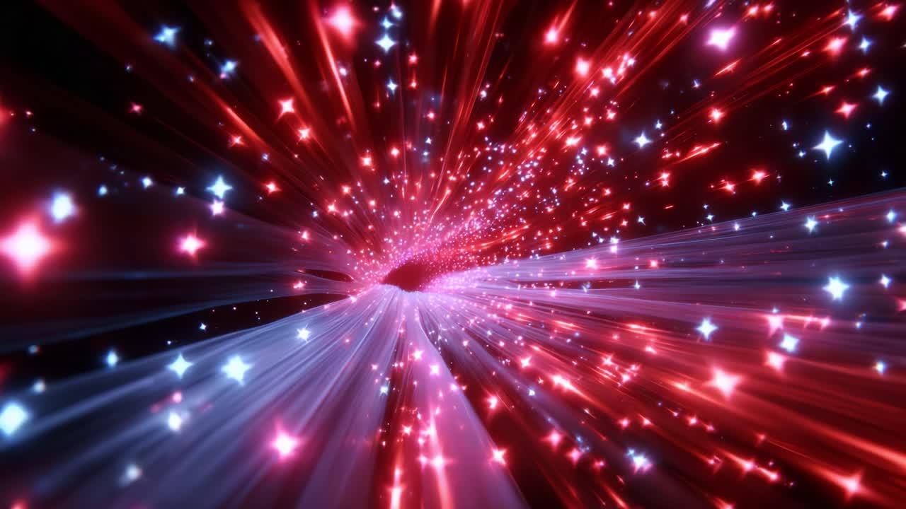 A mesmerizing cosmic journey through a vibrant tunnel of dazzling red and blue light, where sparkling stars cascade in motion, creating a stunning visual spectacle of energy and depth in the universe