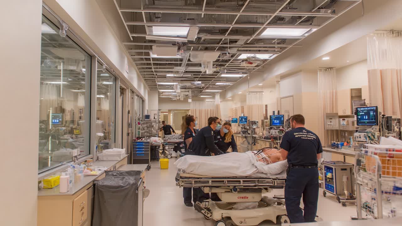 Emergency Medical Team Attending to Patient in Critical Care Unit with Advanced Equipment and Dedicated Healthcare Professionals in a Modern Hospital Setting