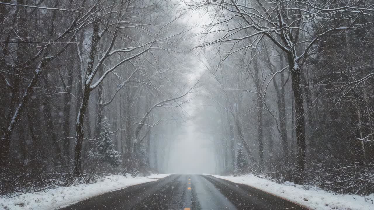 Advancing camera framing snowy road with arching trees at rural road, revealing foggy horizon