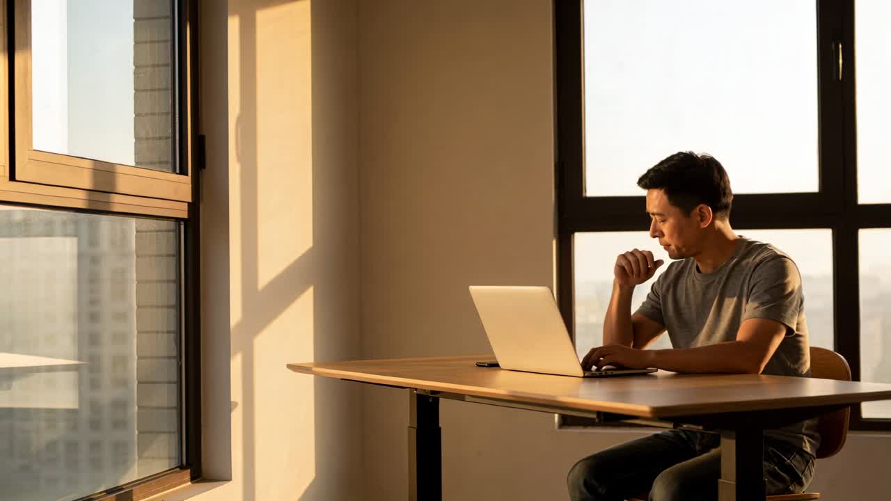 Pausing Asian-man gray-tee shifting chin to typing on laptop working by sunlit-windows, copy space