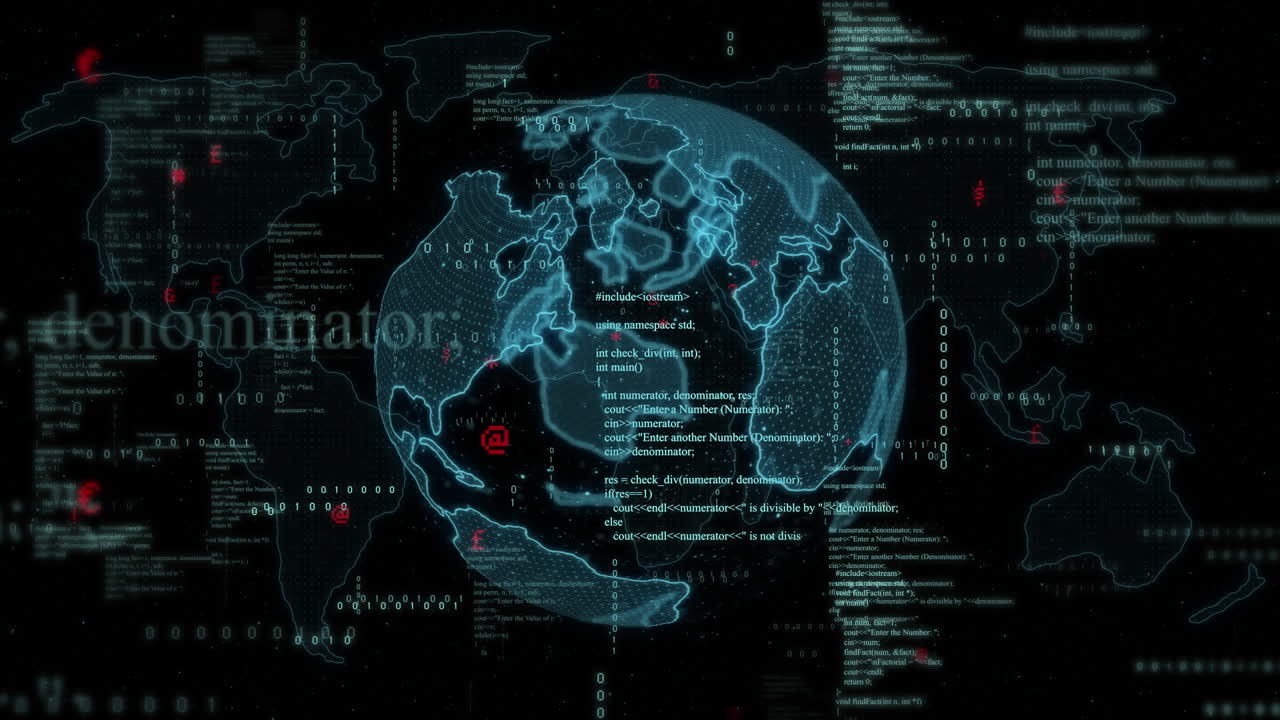 Animation of data processing and globe on black background