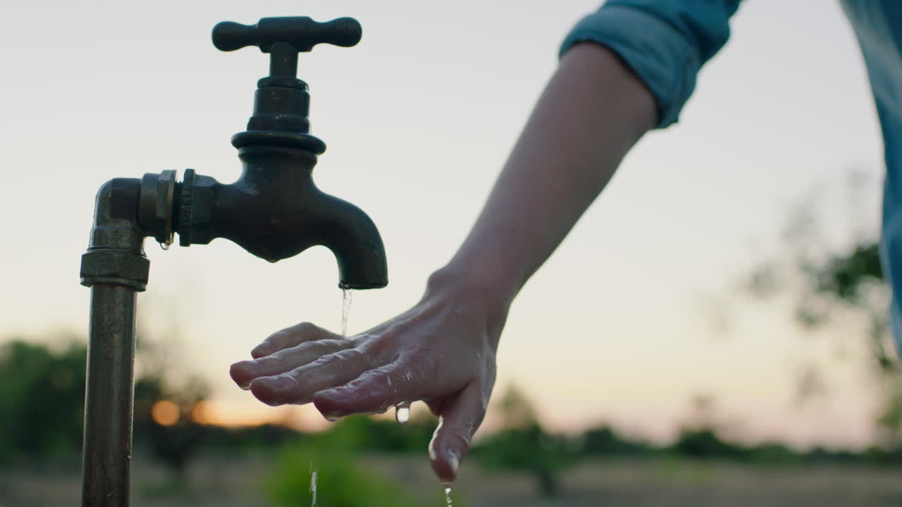 mujer lavando la mano bajo el grifo con escasez de agua dulce en la granja rural concepto de sequía