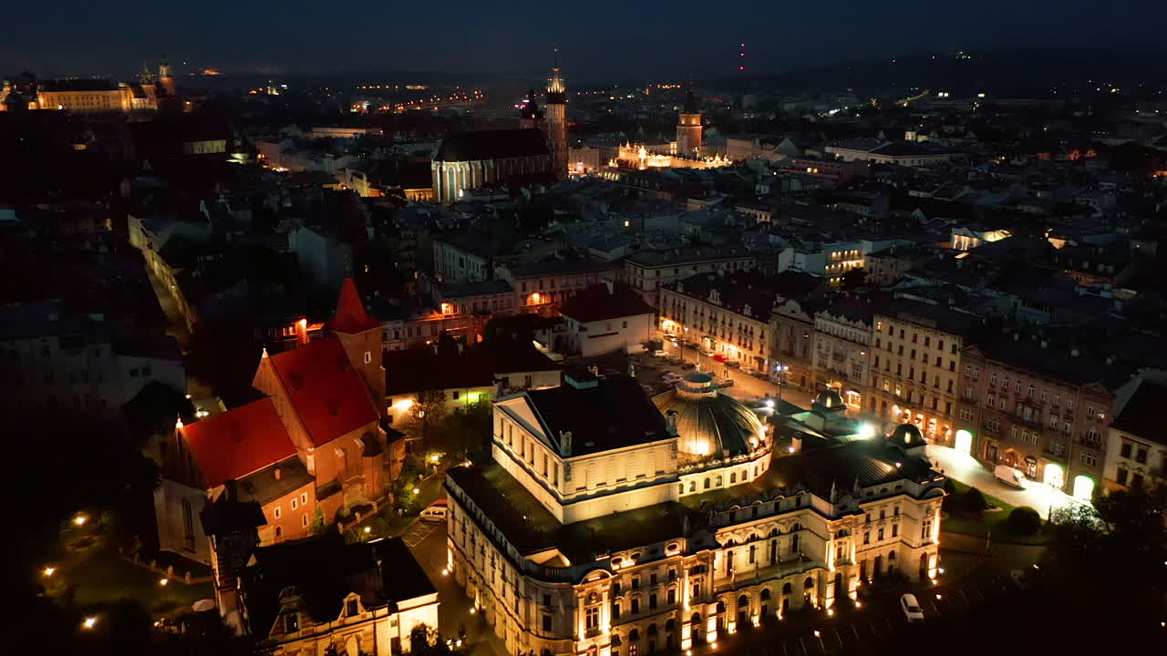 Panorama of illuminated Old Town in Krakow, Poland at night