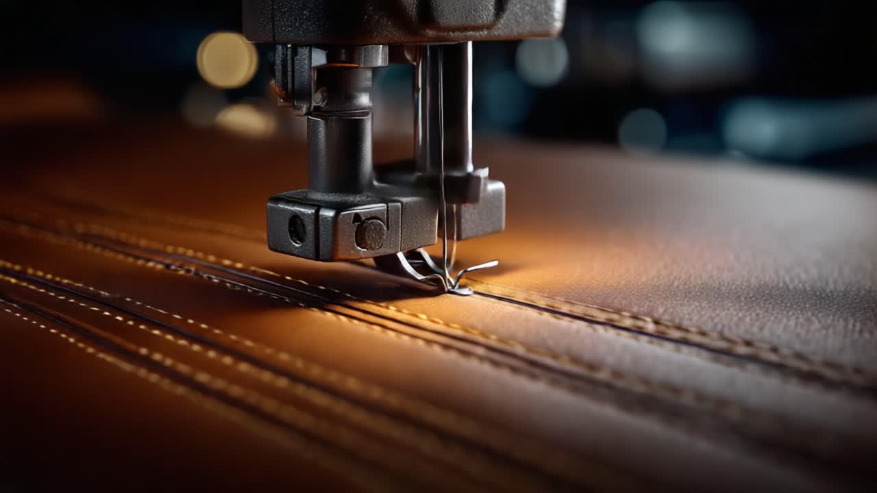 A Close-Up Look at Precision Leather Stitching: Highlighting the Intricate Details of a Sewing Machine in Action on Rich, Textured Material