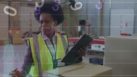 Animation-of-statistics-and-data-processing-over-african-american-woman-working-in-warehouse