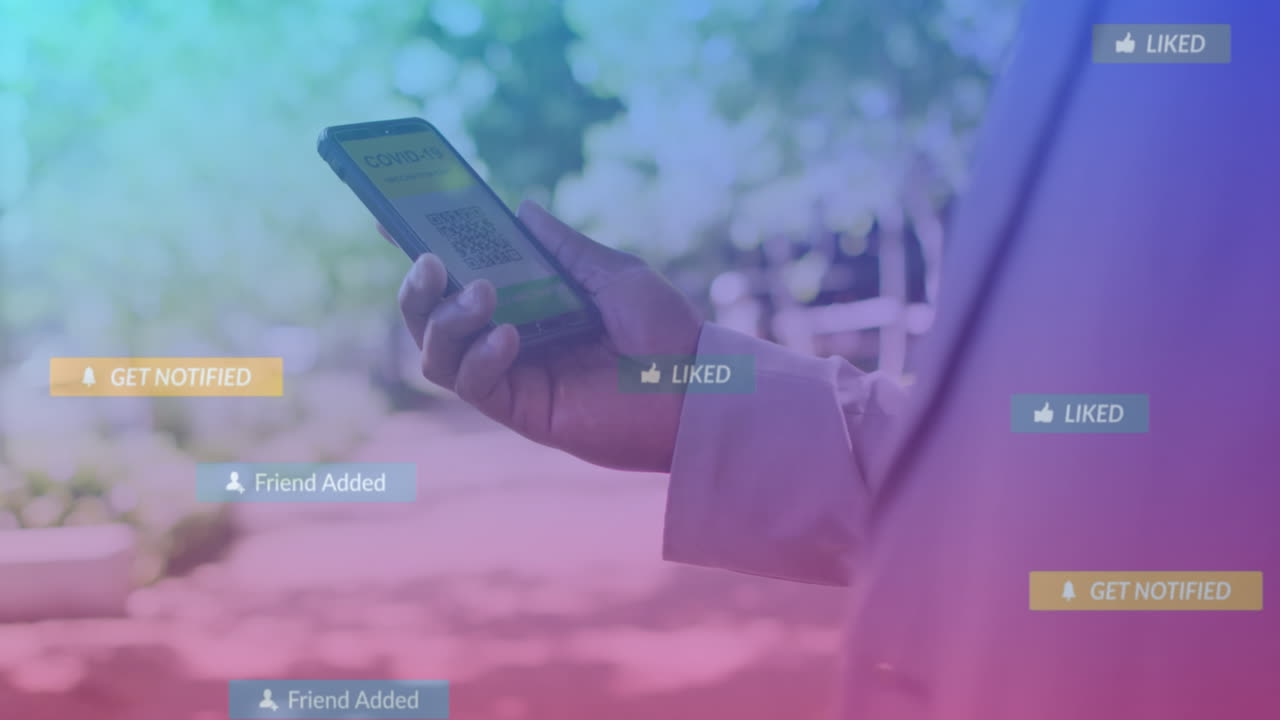 animación de iconos de redes sociales y datos sobre hombre afroamericano que usa un teléfono inteligente