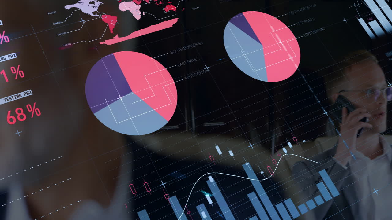 Technology dashboard floating over office, displaying pie charts bar graphs world map grid lines