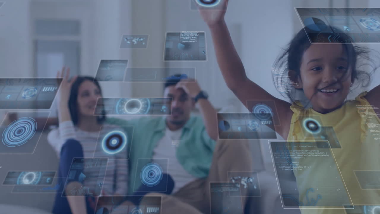 Animation of data processing over tired biracial parents at home with energetic daughter