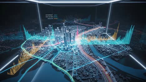 a dynamic visualization of urban infrastructure and data metrics in a futuristic cityscape with vibrant color-coded graphs representing traffic and population trends