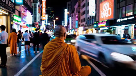 monk meditating in a busy night city street