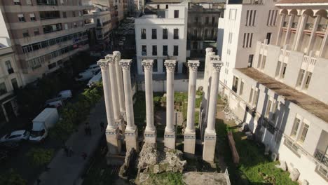 aerial pullback over remains of roman temple of cordoba; spain