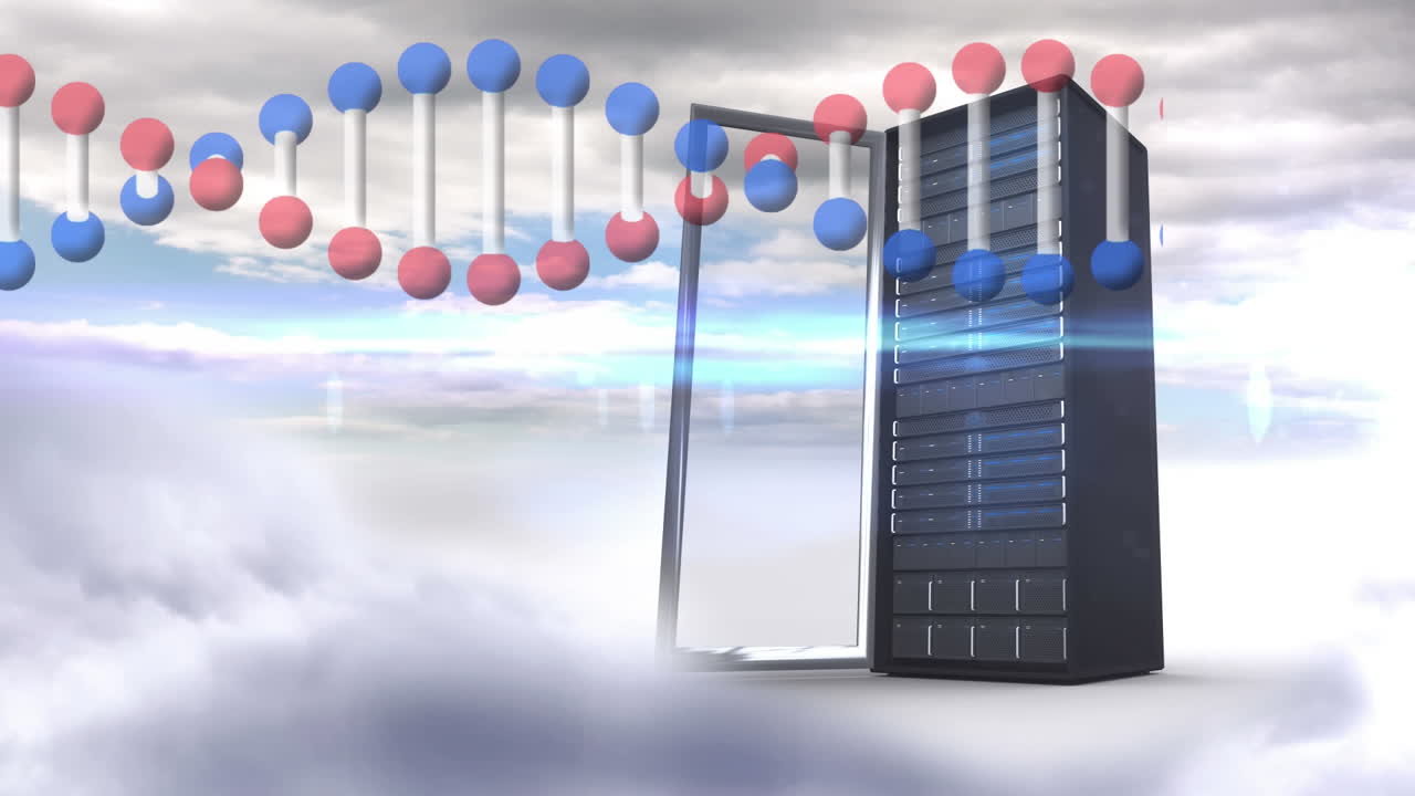 컴퓨터 서버에서 회전하는 dna 가닥의 애니메이션